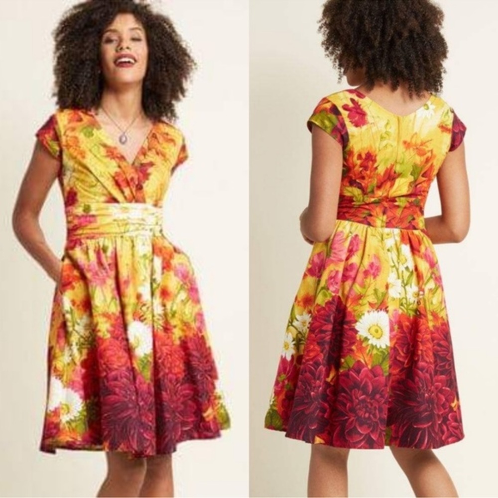 Retrolicious Yellow and Red Floral Midi Dress